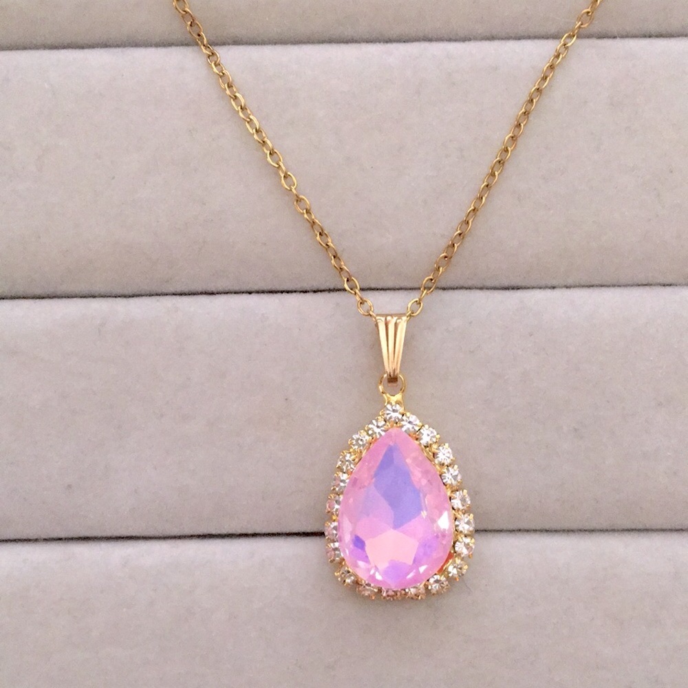 Lavender Pink Opal Aurora Borealis +Gold Crystal Halo Pear Drop Pendant Necklace - Picture 6 of 8